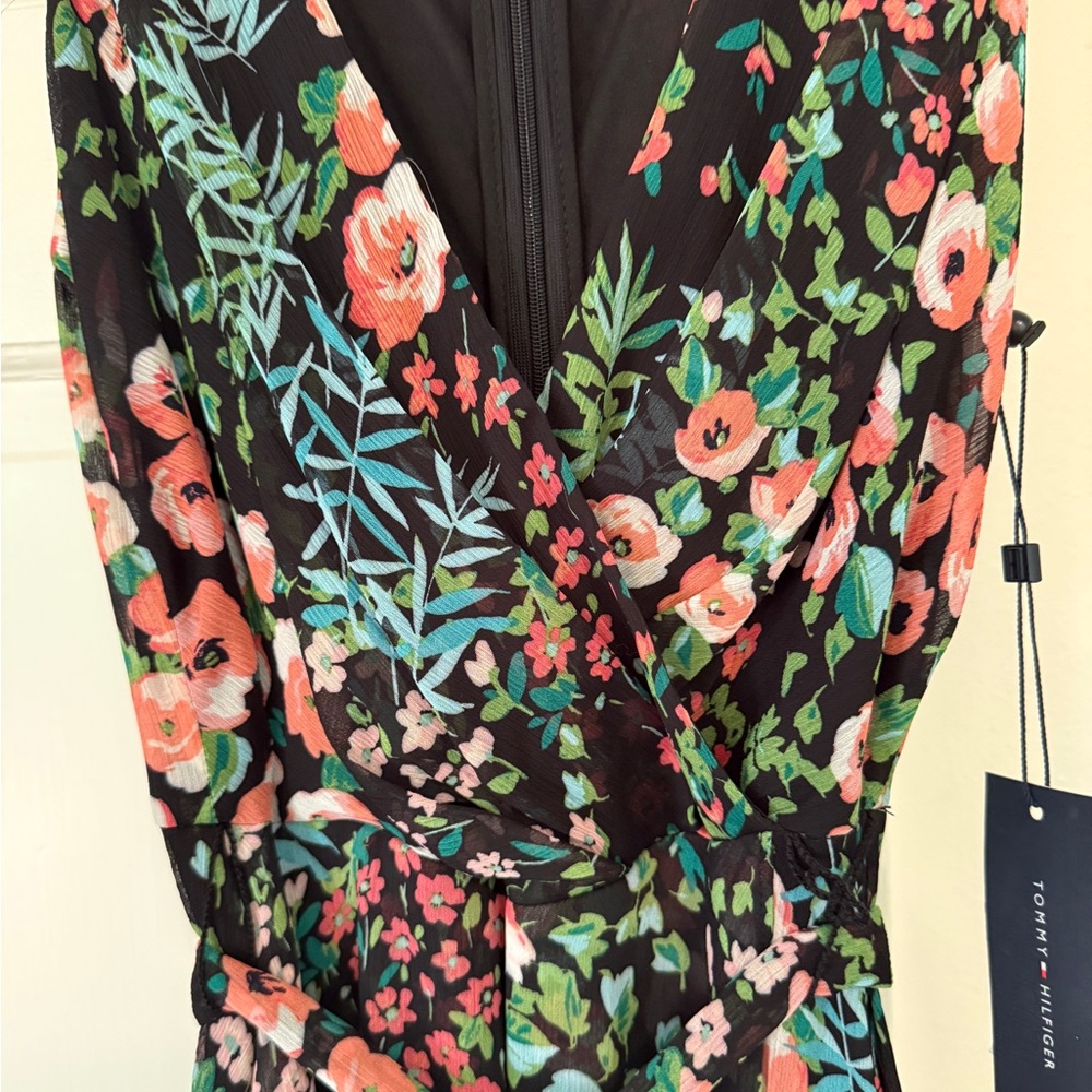 Tommy Hilfiger Black and Pink floral High Low Wrap-style Sundress